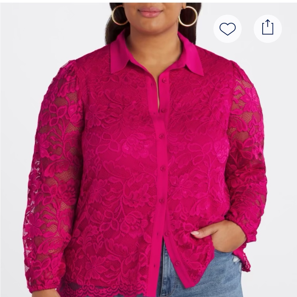NWOT Les Serein Neon Pink Paulo Full Button Collared Top 1X